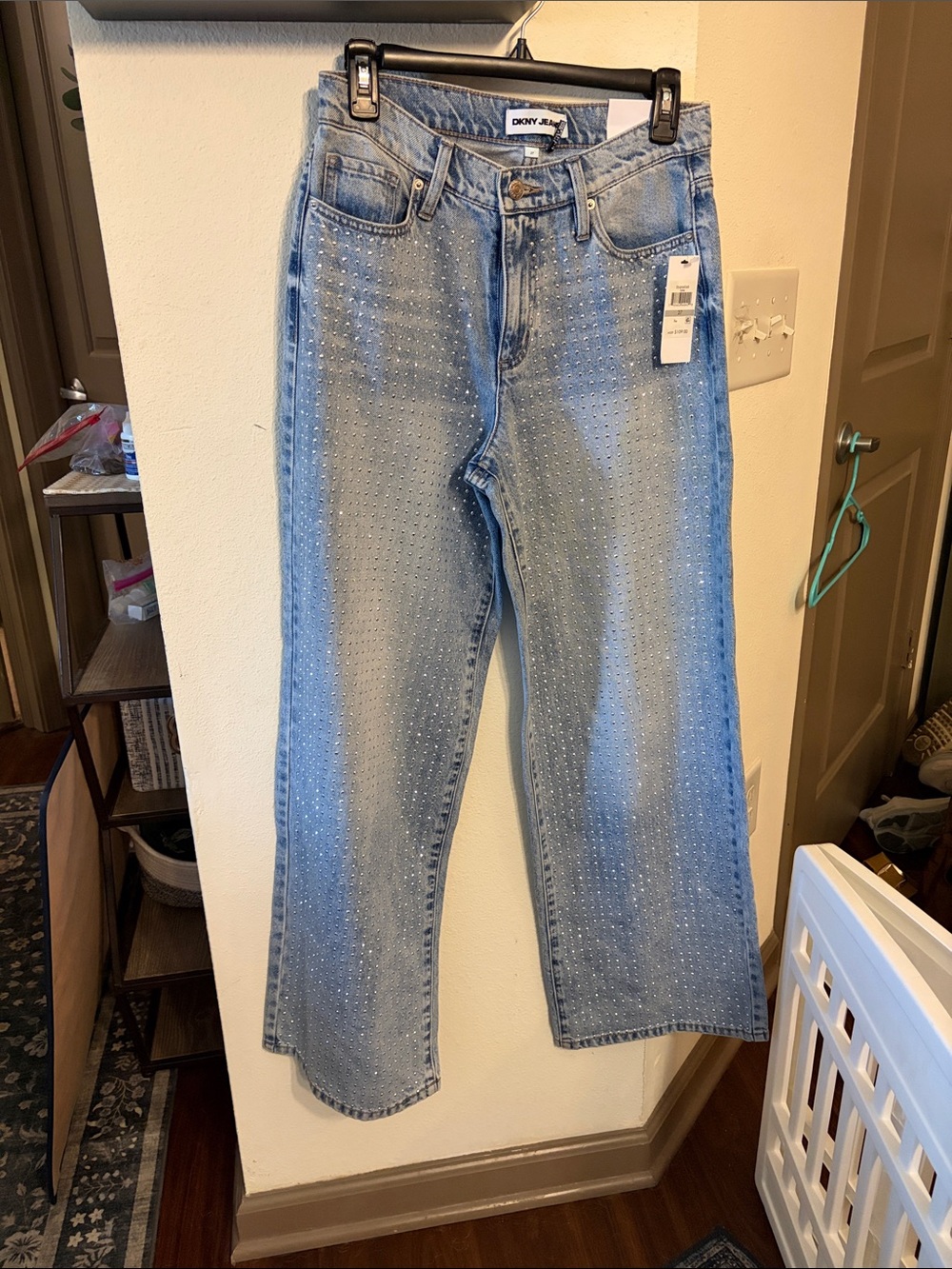 DKNY Light Blue Embellished Studded  Wide-Leg Jeans